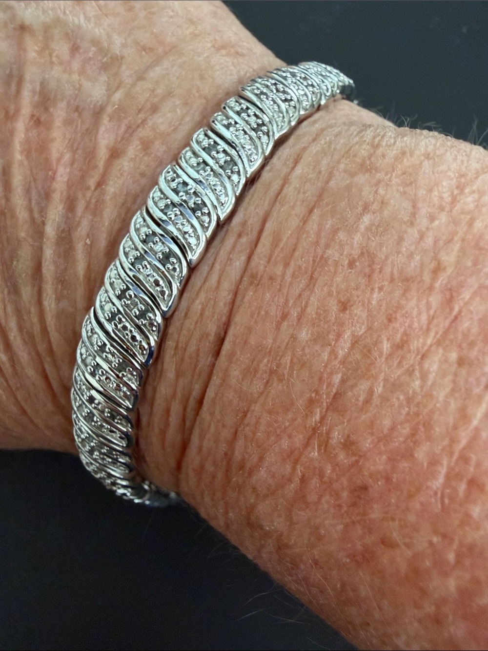 New Sterling Silver & Diamond
Tennis Bracelet Marked BR
KRN Safety Clasp